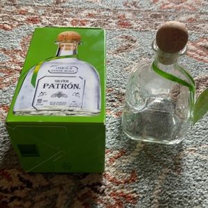 Empty Patron 375ml bottle with box, cork and tag